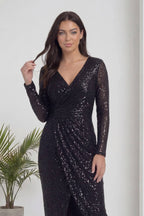 Siyah Kruvaze Yaka Payet Tasarım Uzun Kollu Abiye Elbise