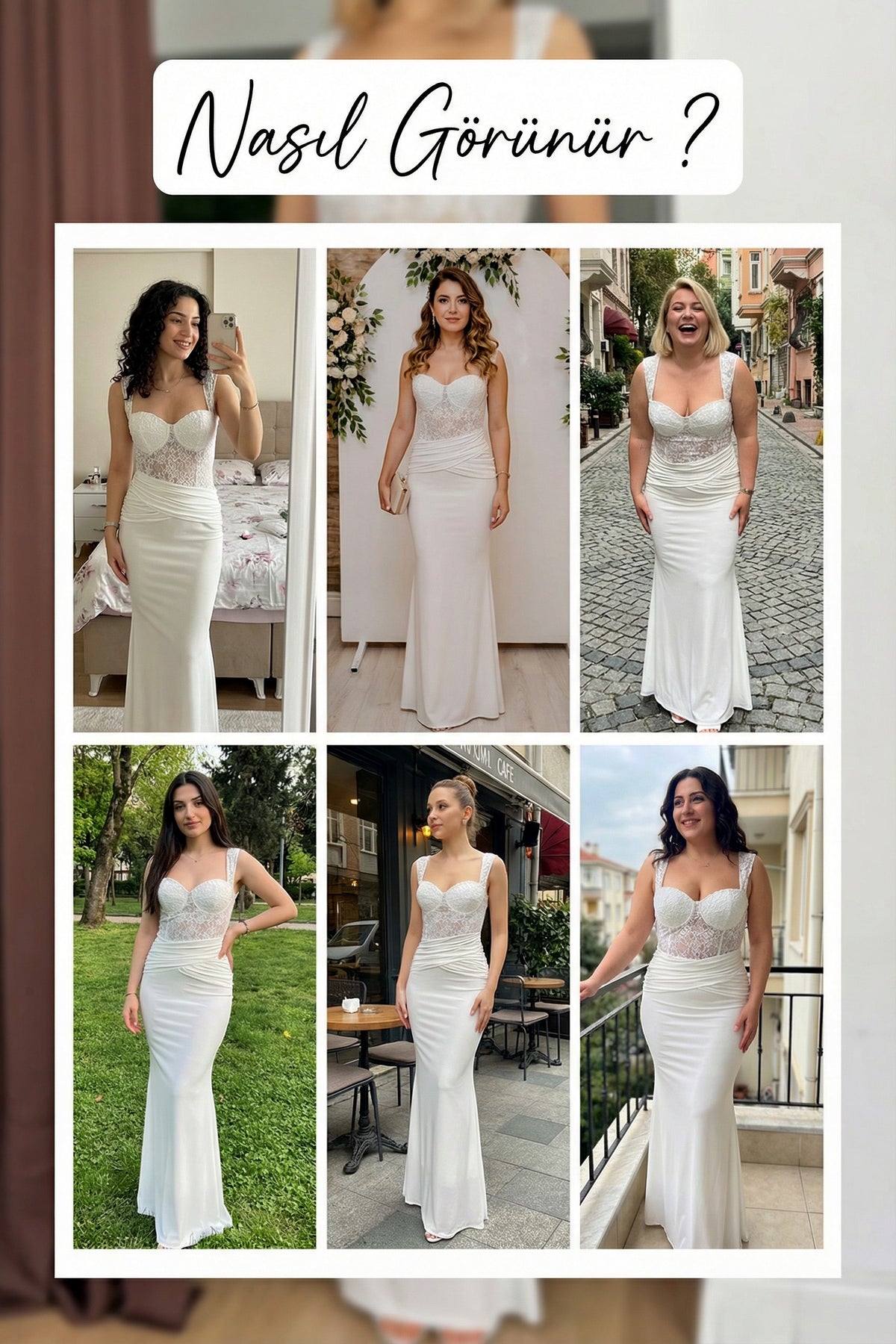 Beyaz transparan dantel detaylı drapeli nikah abiye elbise denemeleri