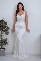 Balık model cuplu beyaz kadın nikah elbisesi, askılı drapeli abiye 