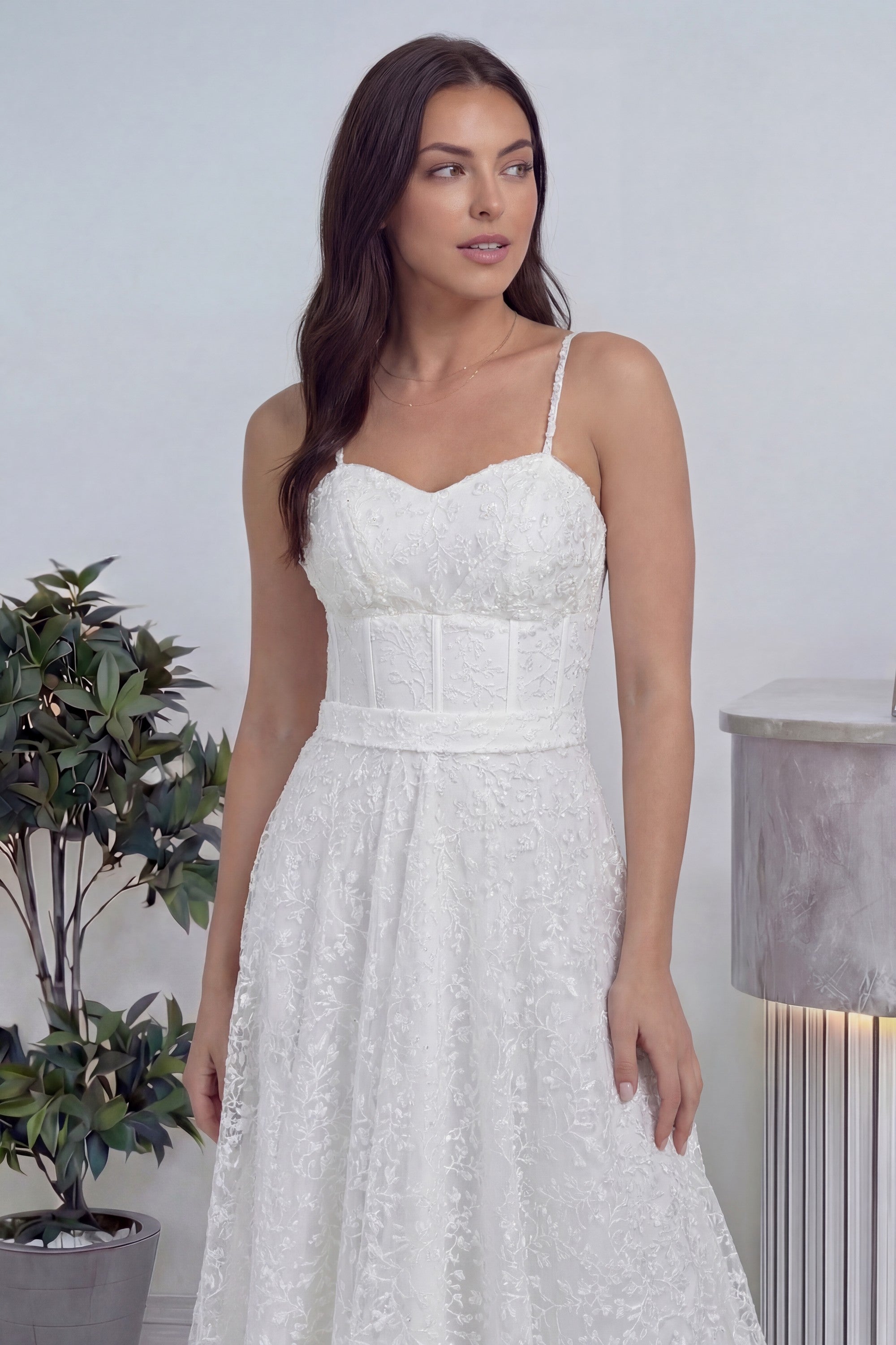 Beyaz Askılı Transparan Simli Dantelli Nikah Abiye Elbise