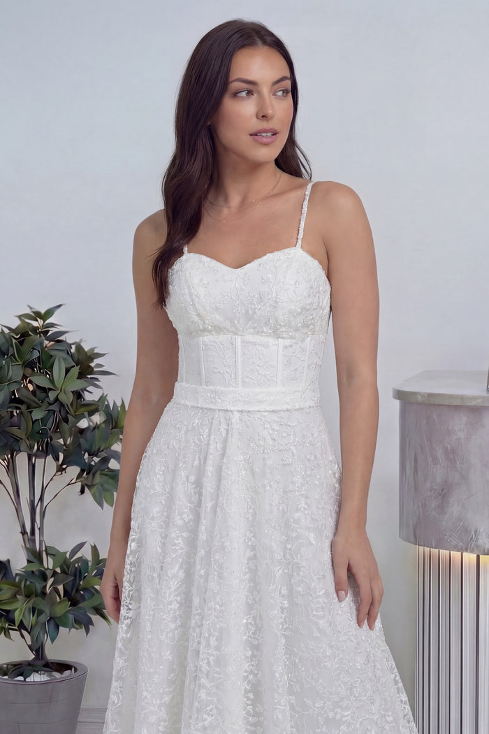 Beyaz Askılı Transparan Simli Dantelli Nikah Abiye Elbise