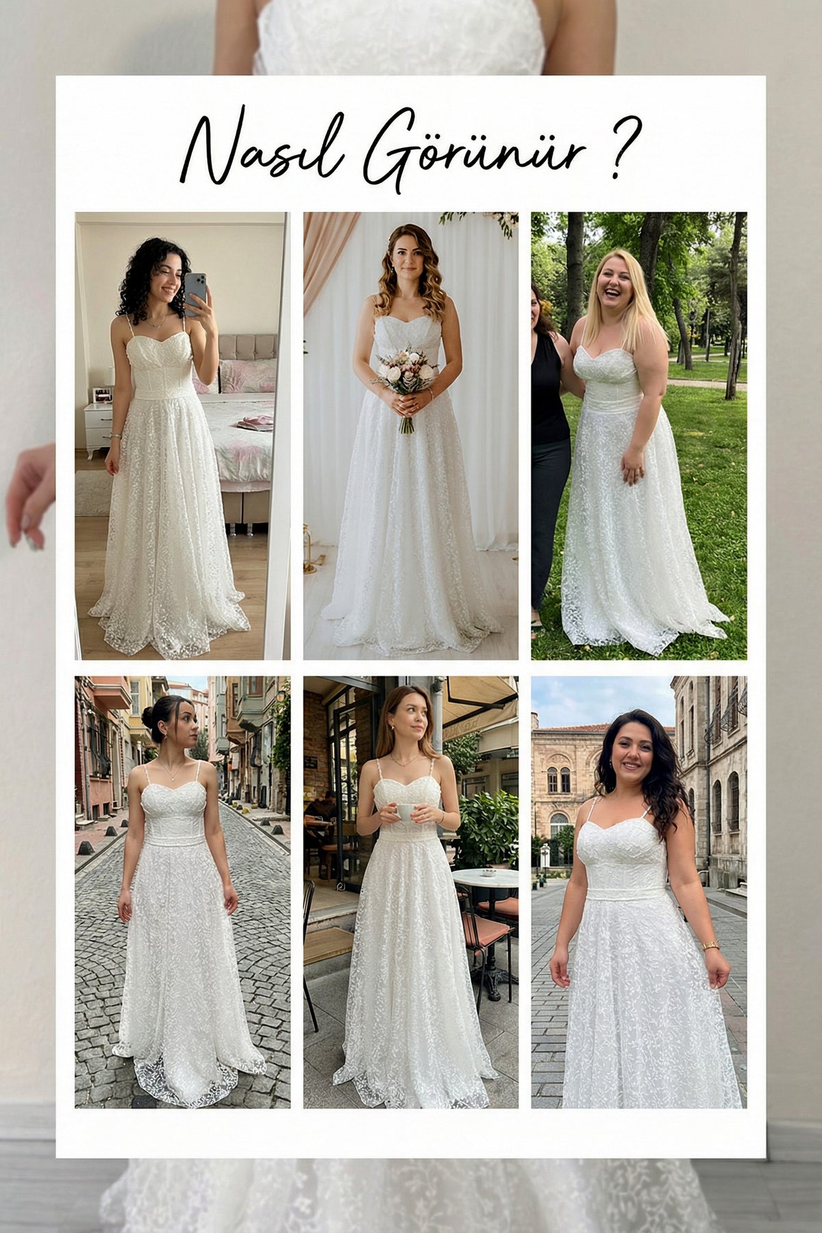 Transparan simli dantel kumaş beyaz askılı uzun boy nikah abiye denemeleri