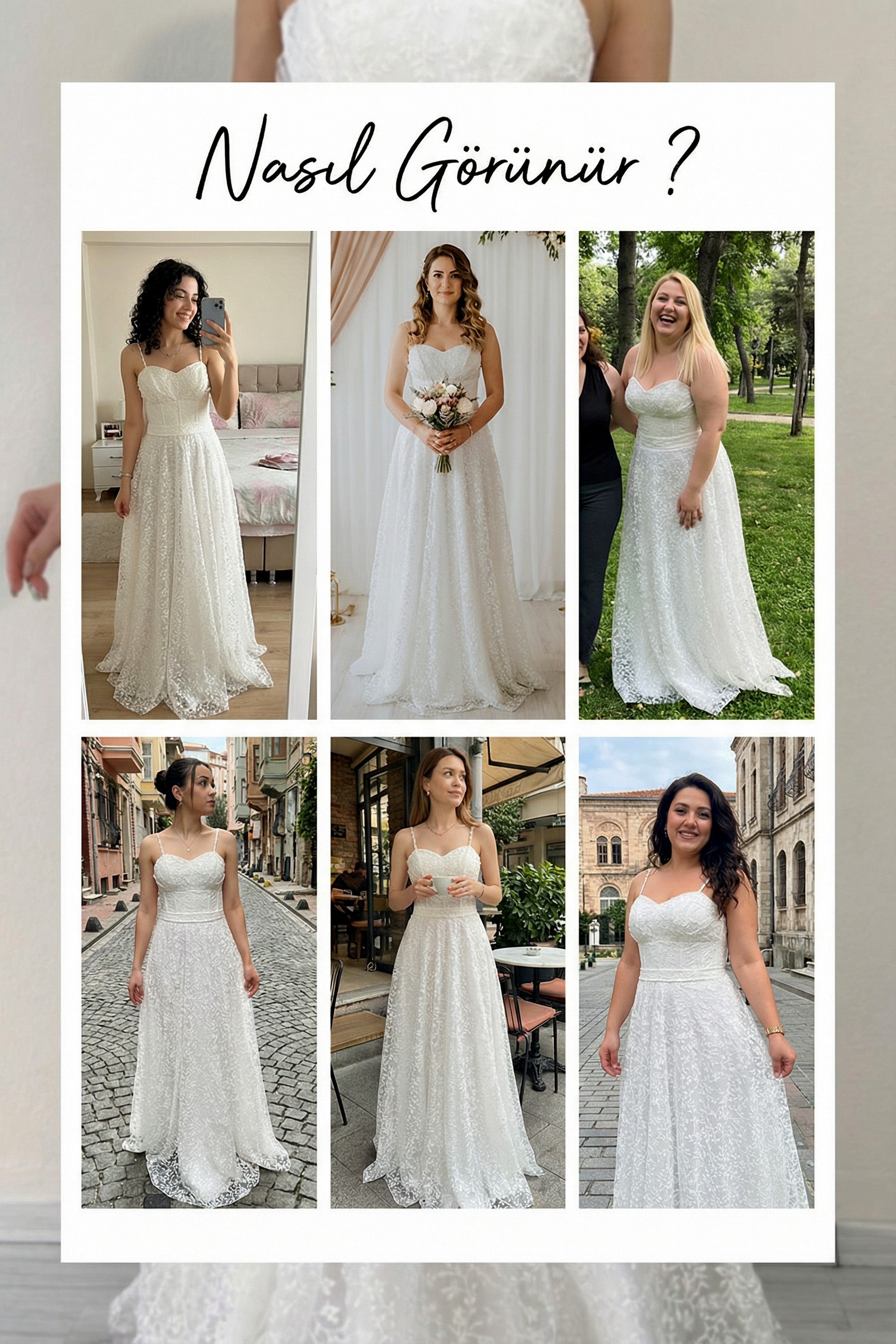 Transparan simli dantel kumaş beyaz askılı uzun boy nikah abiye denemeleri