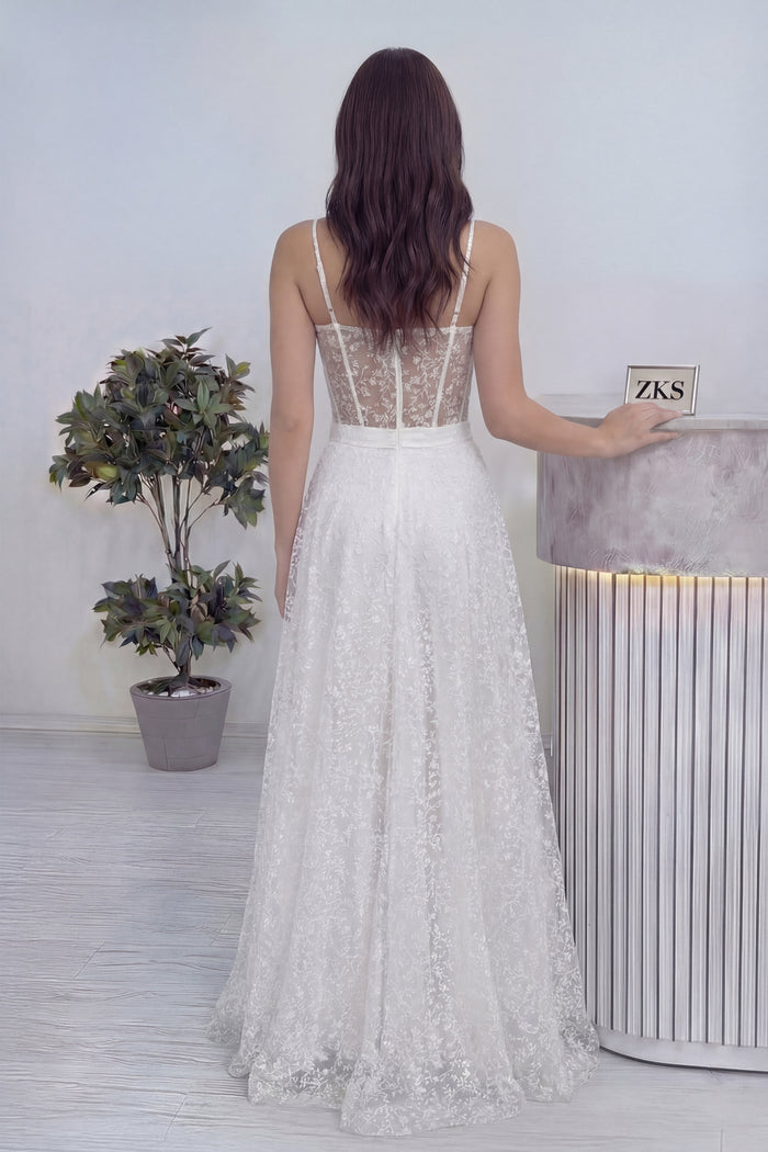 Beyaz Askılı Transparan Simli Dantelli Nikah Abiye Elbise