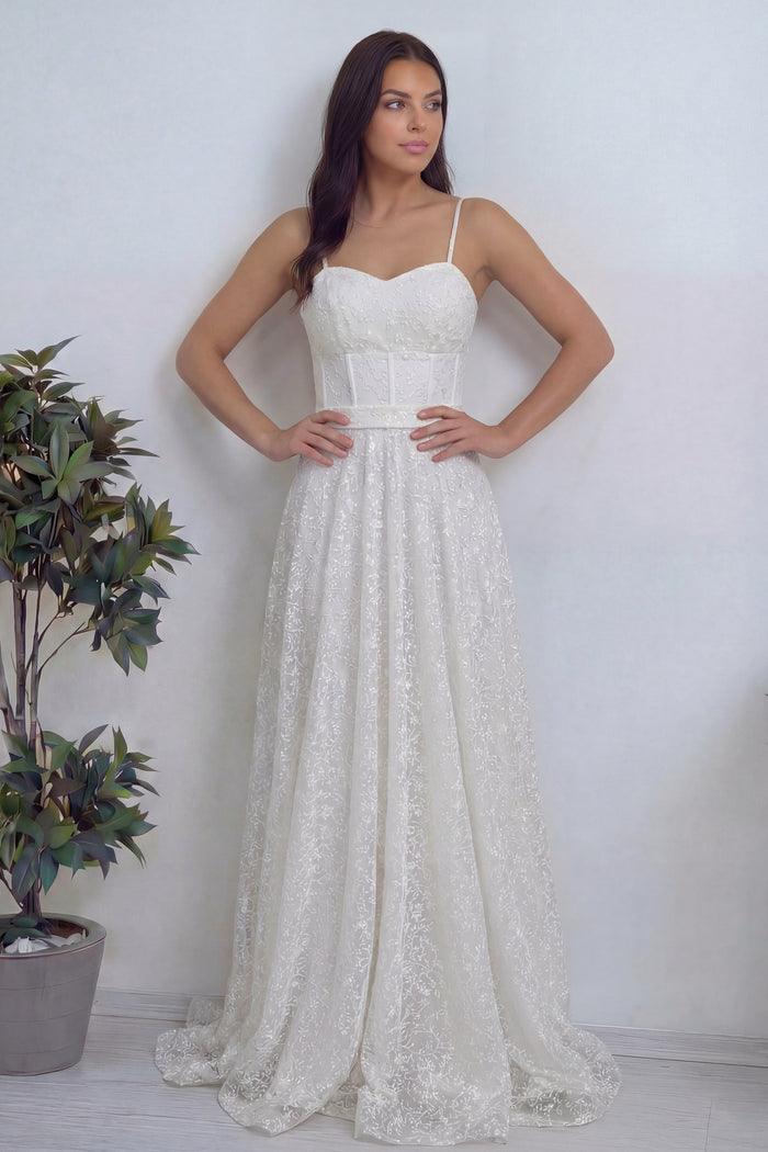 Beyaz Askılı Transparan Simli Dantelli Nikah Abiye Elbise