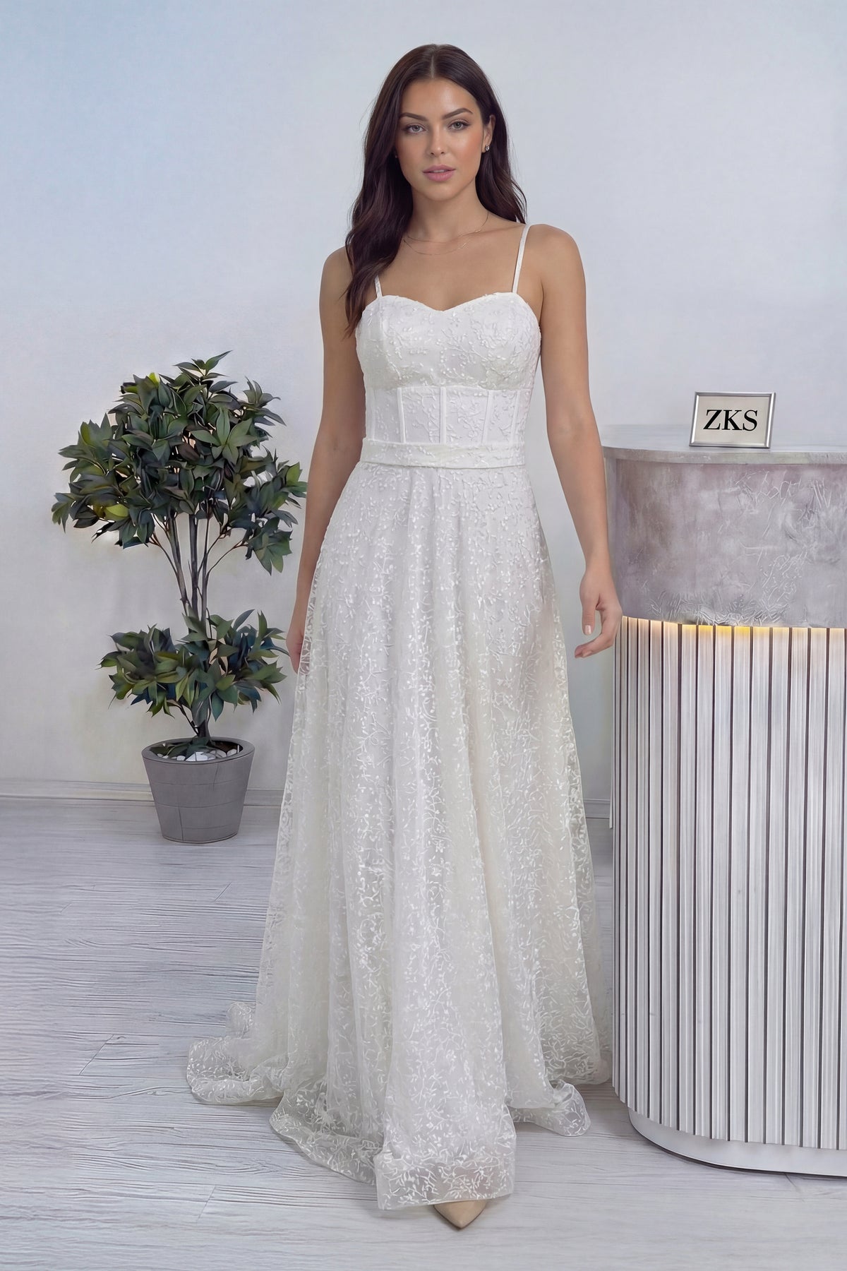 Beyaz Askılı Transparan Simli Dantelli Nikah Abiye 