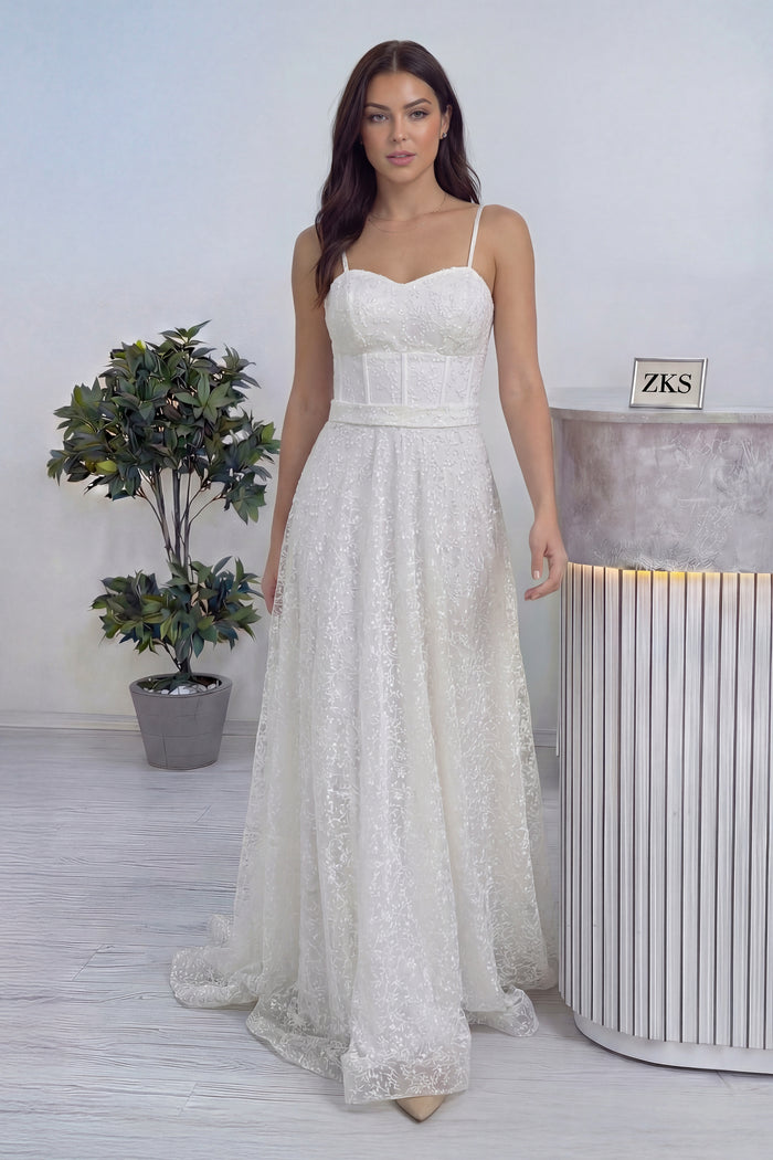 Beyaz Askılı Transparan Simli Dantelli Nikah Abiye Elbise