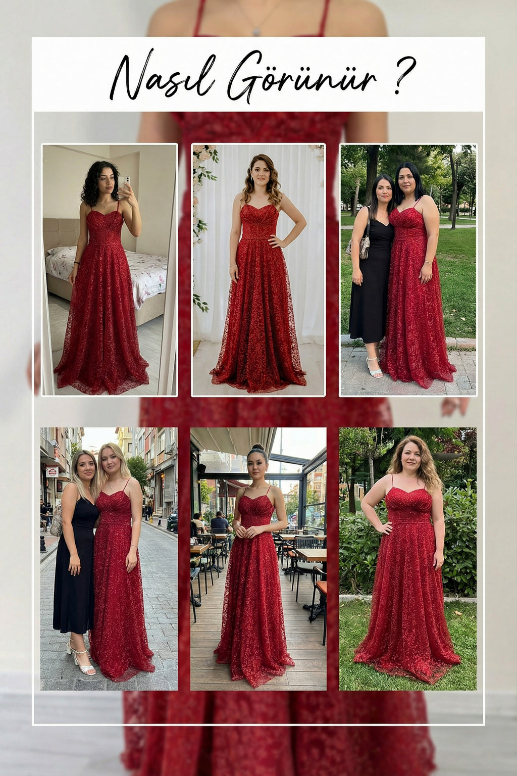 Kırmızı Askılı Sırtı Transparan Detaylı  Simli Dantelli Abiye Denemeleri