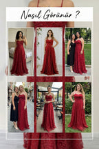 Kırmızı Askılı Sırtı Transparan Detaylı  Simli Dantelli Abiye Denemeleri