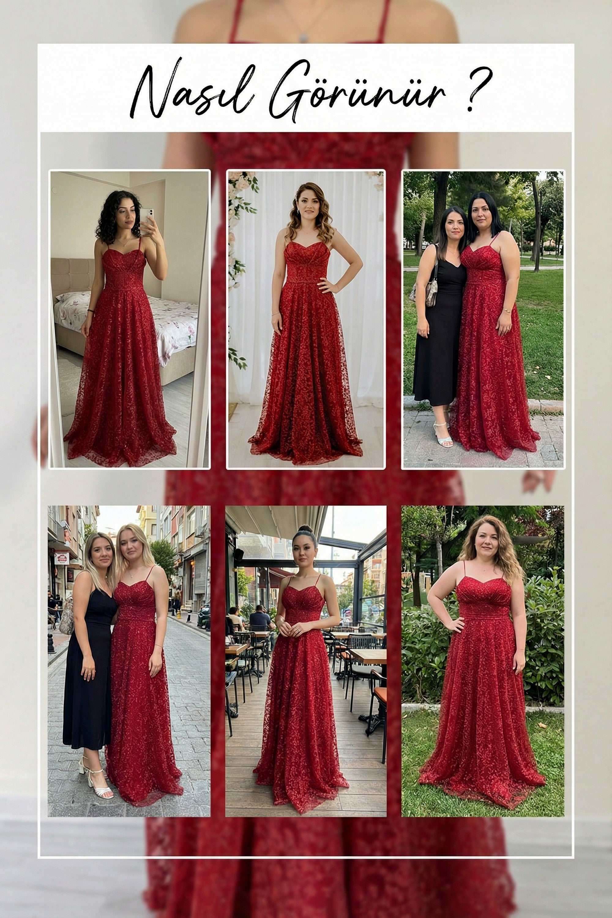 Kırmızı Askılı Sırtı Transparan Detaylı  Simli Dantelli Abiye Denemeleri