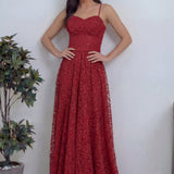 Kırmızı Askılı Transparan Simli Dantelli Abiye Elbise