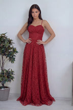 Önden korse detay transparan sırt dantelli uzun kırmızı abiye düğün 