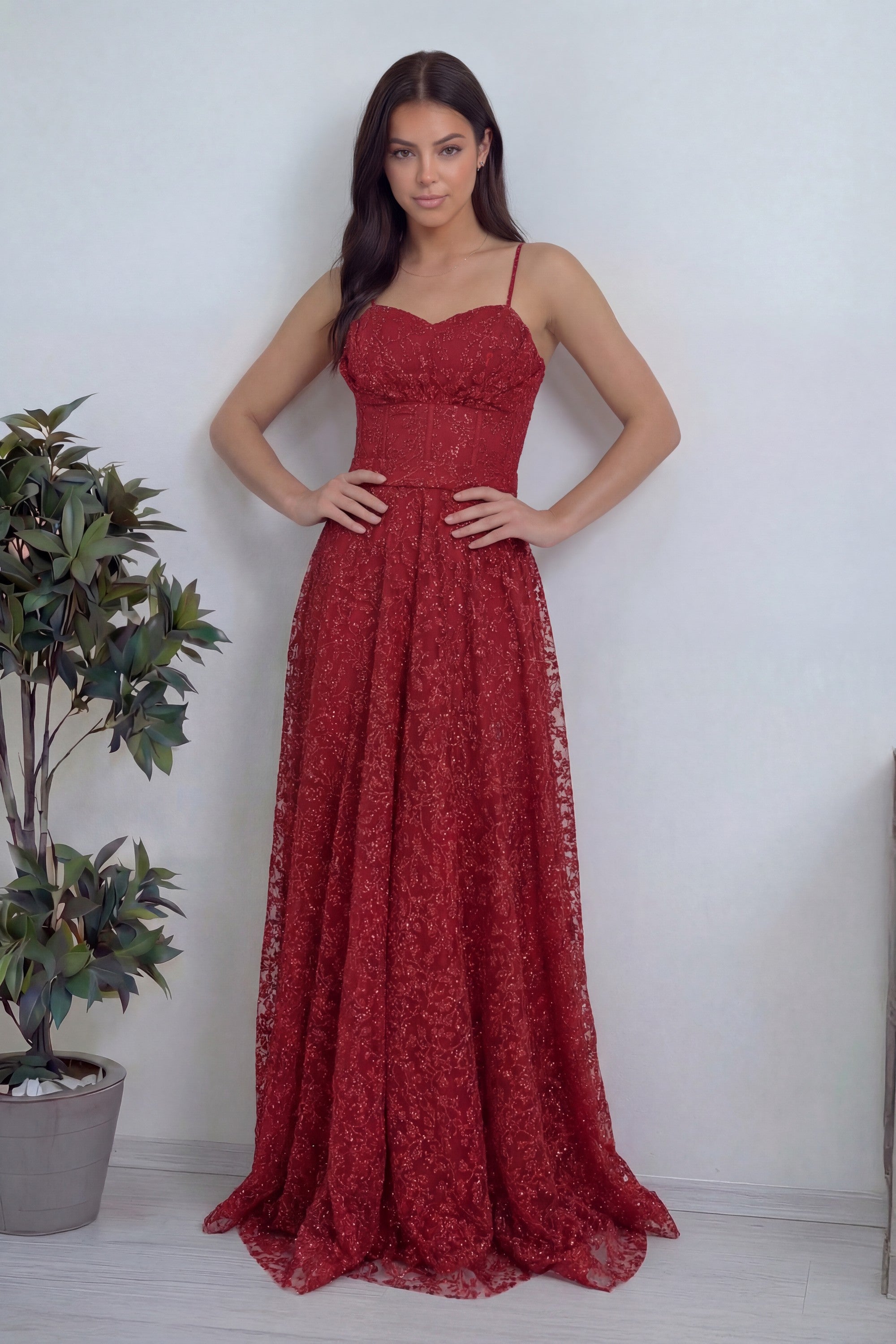 Önden korse detay transparan sırt dantelli uzun kırmızı abiye düğün 