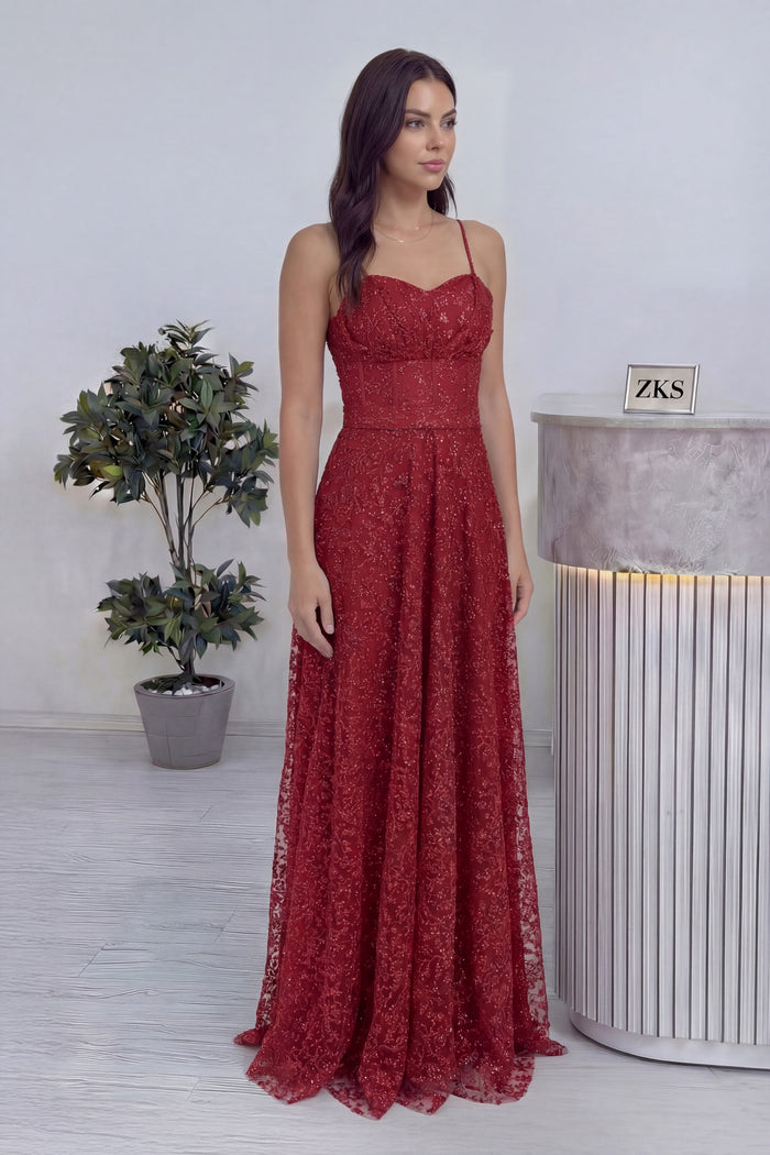 Kırmızı Askılı Transparan Simli Dantelli Abiye Elbise