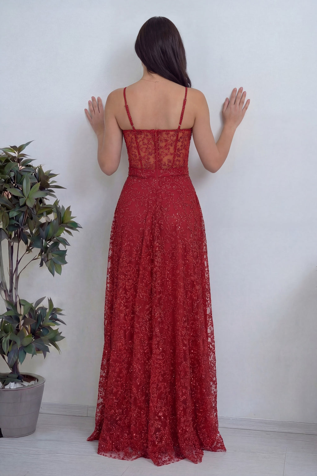 Arka transparan detaylı fermuar kapamalı uzun boy kırmızı kadın abiye 