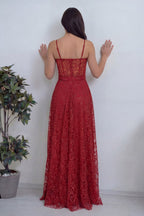 Arka transparan detaylı fermuar kapamalı uzun boy kırmızı kadın abiye 