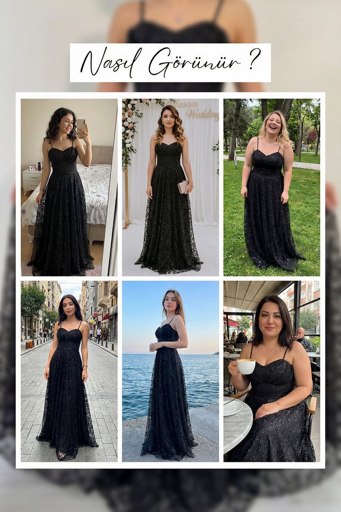 Siyah Askılı Transparan Simli Dantelli Abiye Elbise