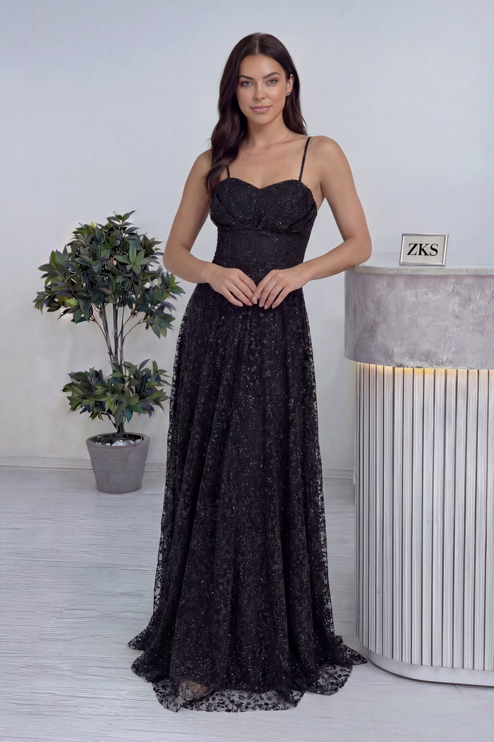 Siyah Askılı Transparan Simli Dantelli Abiye Elbise