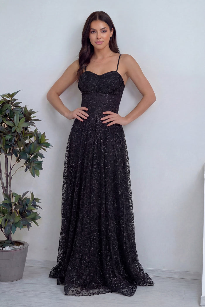 Siyah Askılı Transparan Simli Dantelli Abiye Elbise