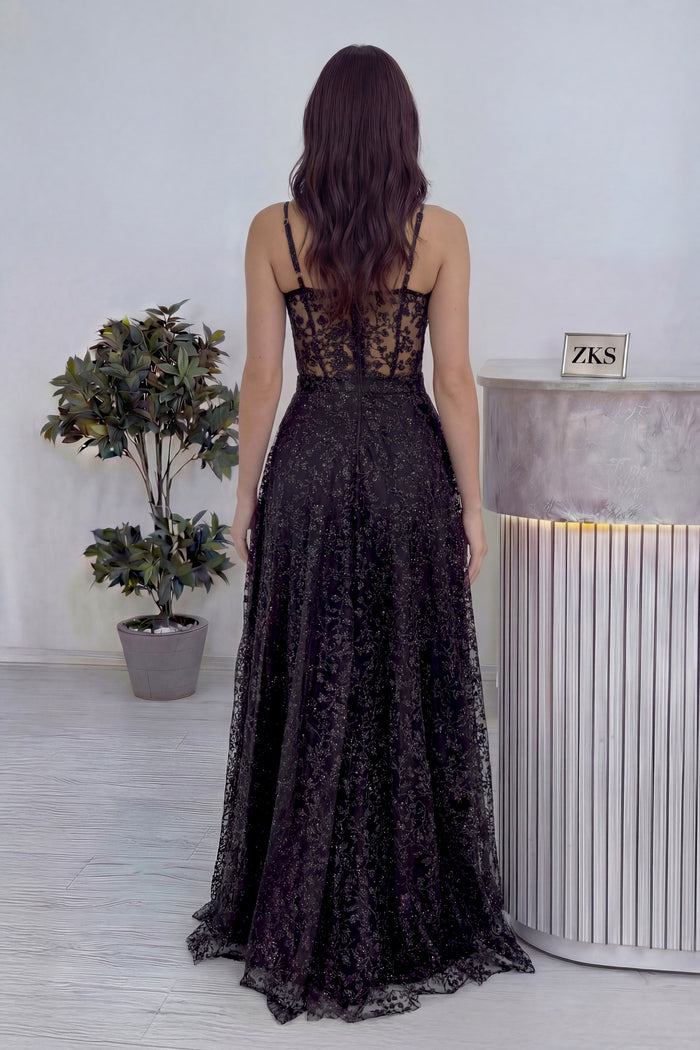 Siyah Askılı Transparan Simli Dantelli Abiye Elbise