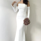 Kadın Beyaz Straplez Kol Aksesuarlı Balık Saten Alya Elbise