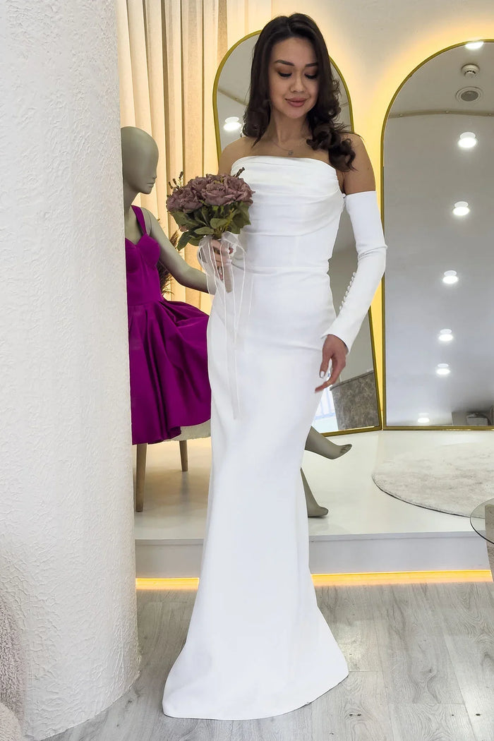 Kadın Beyaz Straplez Kol Aksesuarlı Balık Saten Alya Elbise