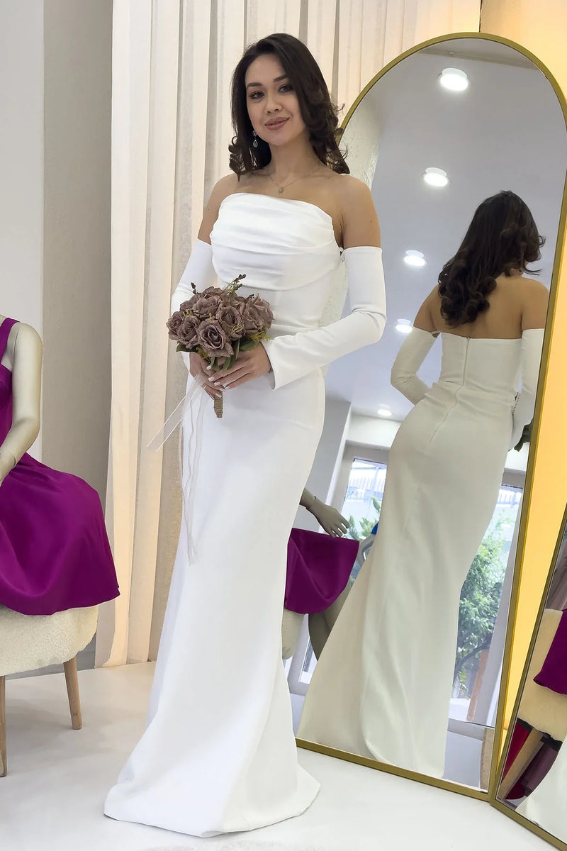 Kadın Beyaz Straplez Kol Aksesuarlı Balık Saten Alya Elbise