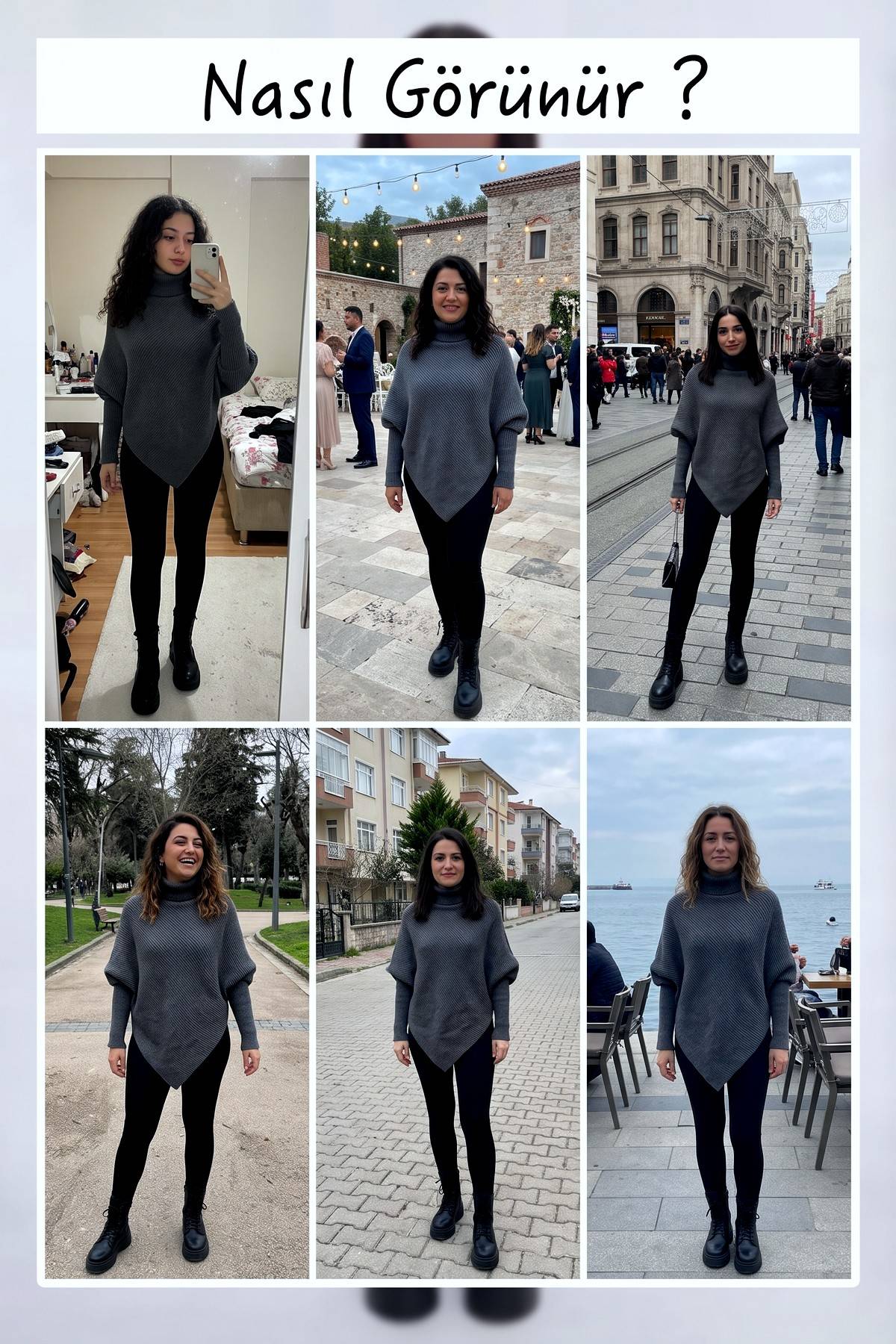 Farklı mekanlarda giyilmiş antrasit ZKS boğazlı asimetrik kazağın kombin önerileri