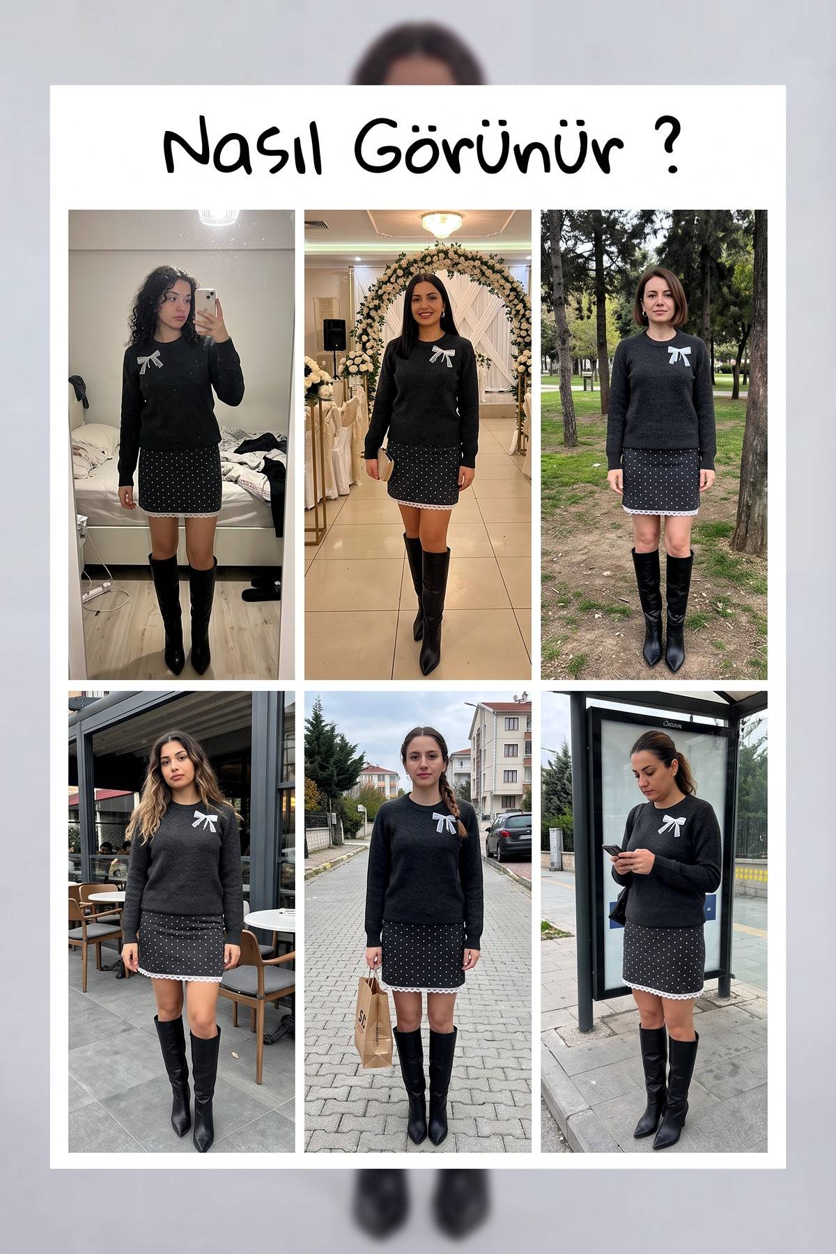 The ZKS Puantiyeli Etek Kazak İkili Takım antrasit, farklı mekanlarda kombin önerileri, tam boy görünümler