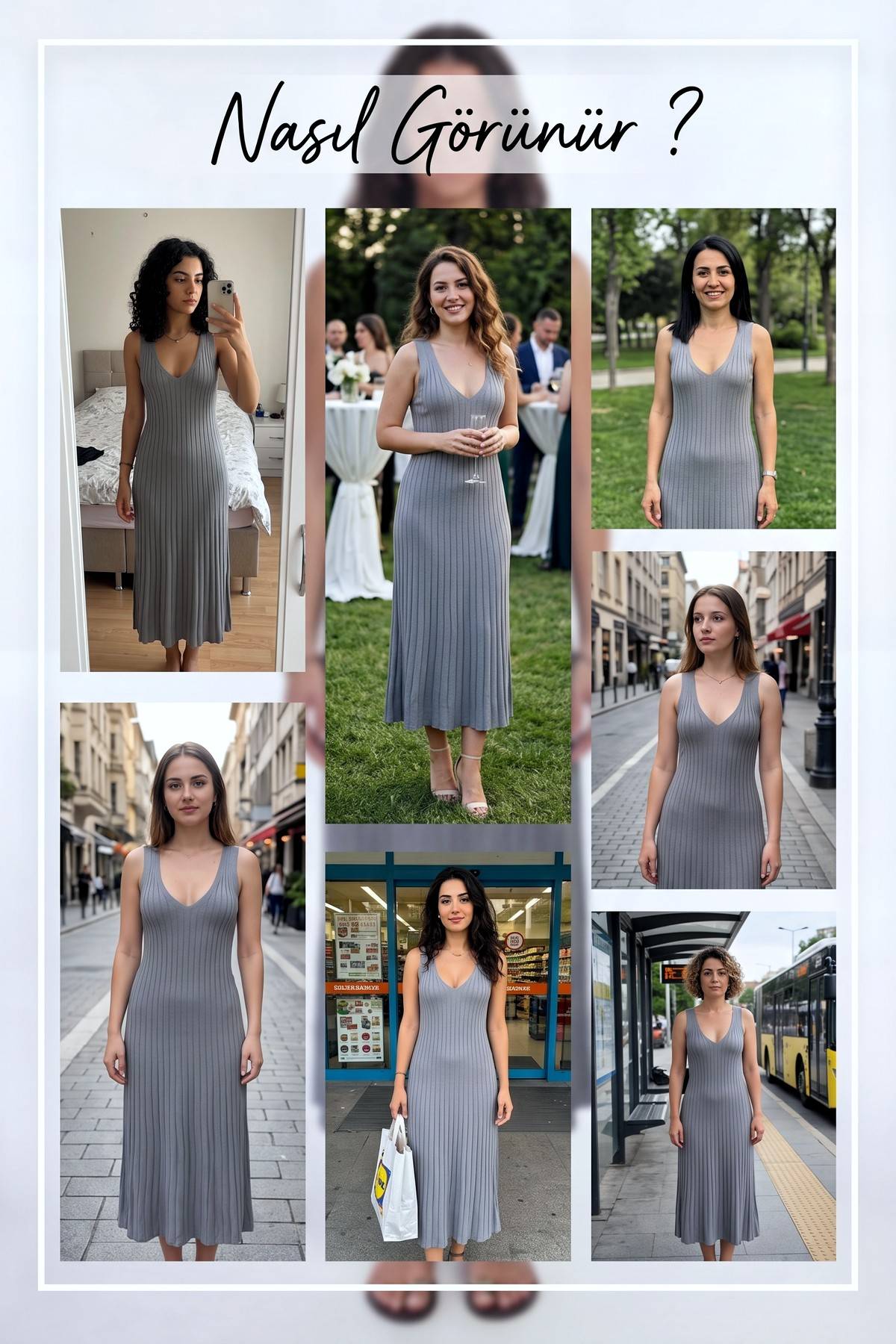 Farklı mekanlarda giyilmiş antrasit fitilli V yaka midi elbise kombinleri
