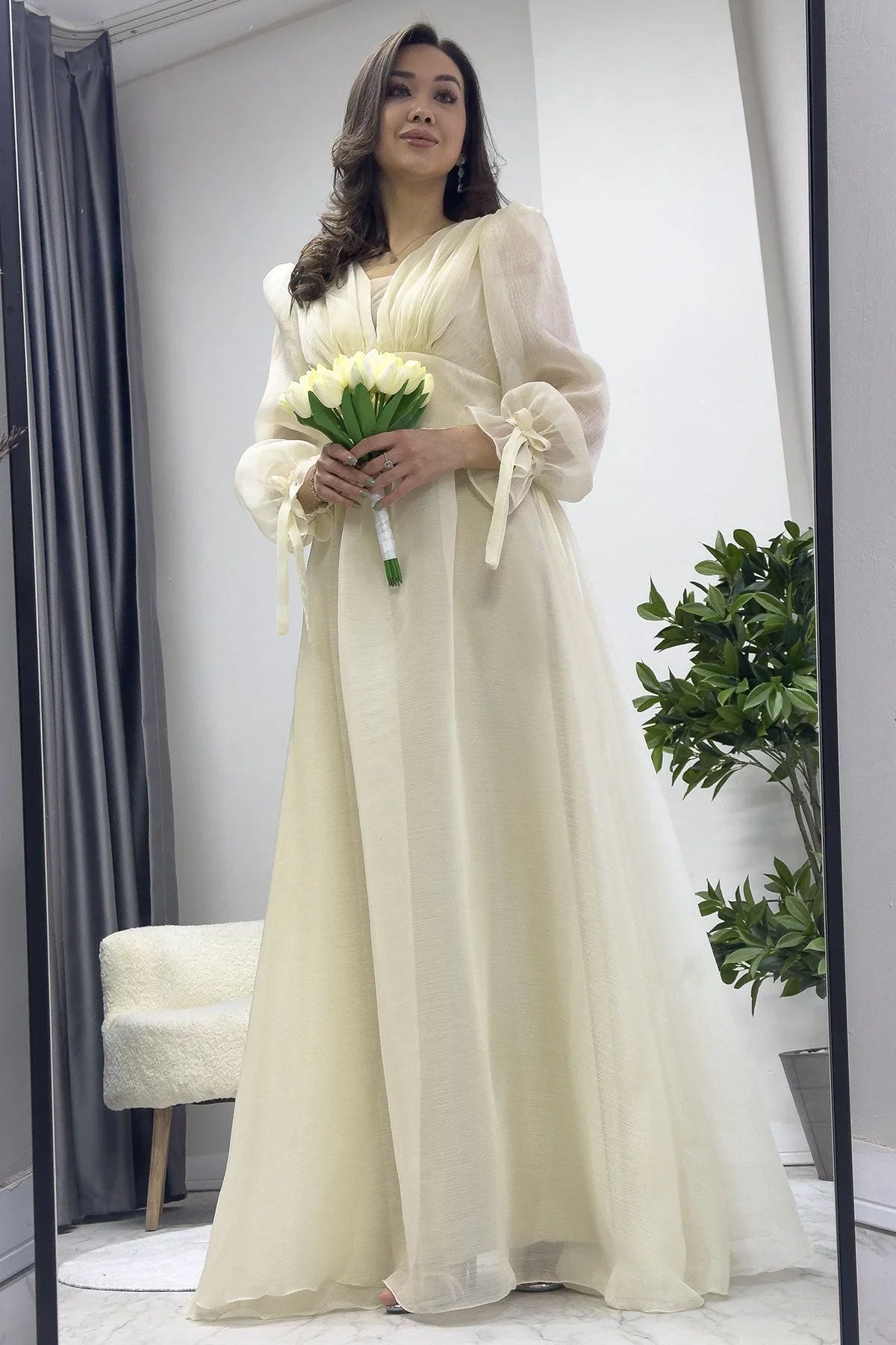 Asimetrik Etek Krem Karpuz Kol Prenses V Yaka Abiye Elbise - the ZKS