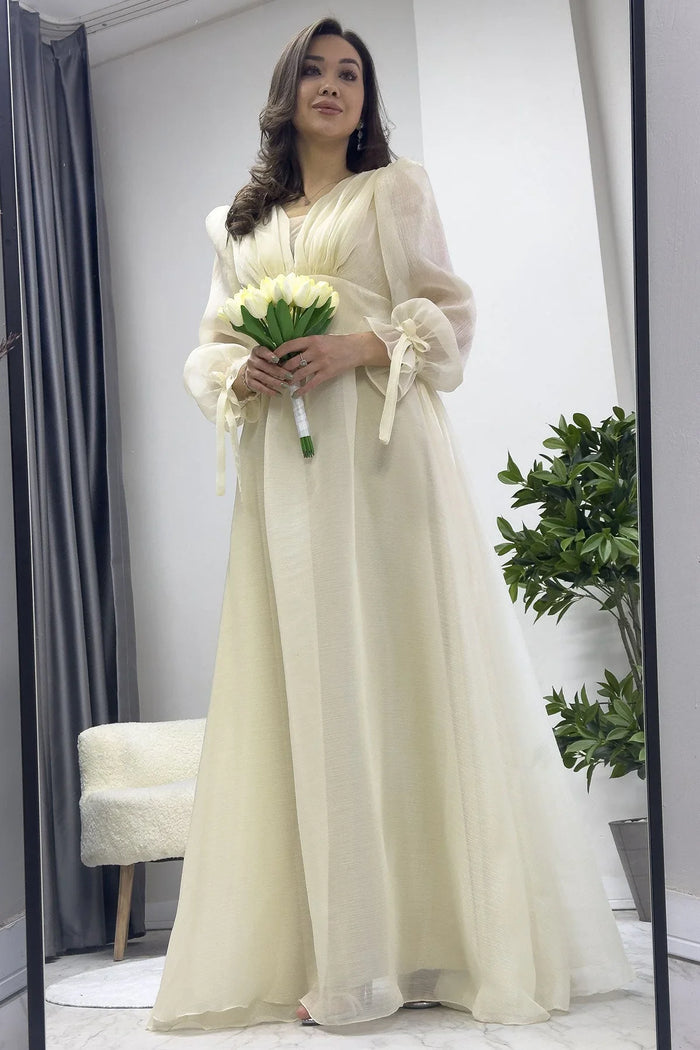 Asimetrik Etek Krem Karpuz Kol Prenses V Yaka Abiye Elbise - the ZKS