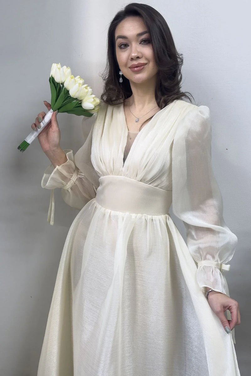 Asimetrik Etek Krem Karpuz Kol Prenses V Yaka Abiye Elbise - the ZKS