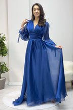 Asimetrik Etek Petrol Mavi Karpuz Kol Prenses V Yaka Abiye Elbise - the ZKS