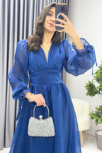 Asimetrik Etek Petrol Mavi Karpuz Kol Prenses V Yaka Abiye Elbise - the ZKS