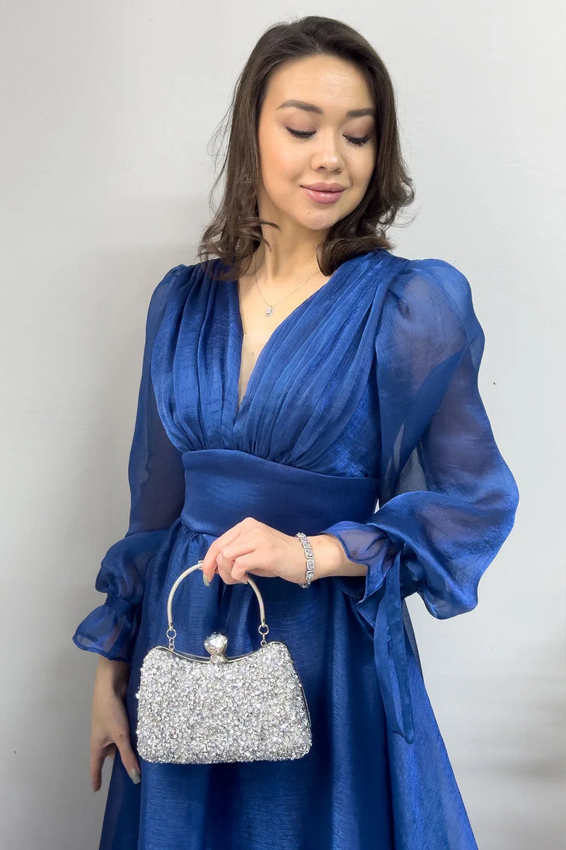 Asimetrik Etek Petrol Mavi Karpuz Kol Prenses V Yaka Abiye Elbise - the ZKS