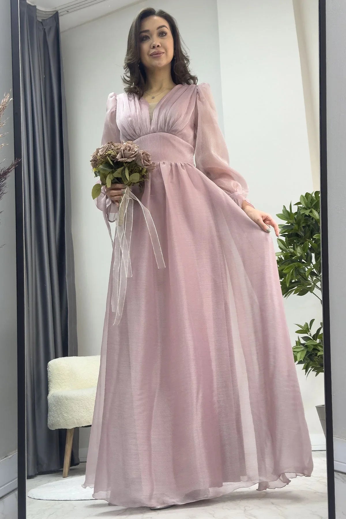 Asimetrik Etek Pudra Karpuz Kol Prenses V Yaka Abiye Elbise - the ZKS