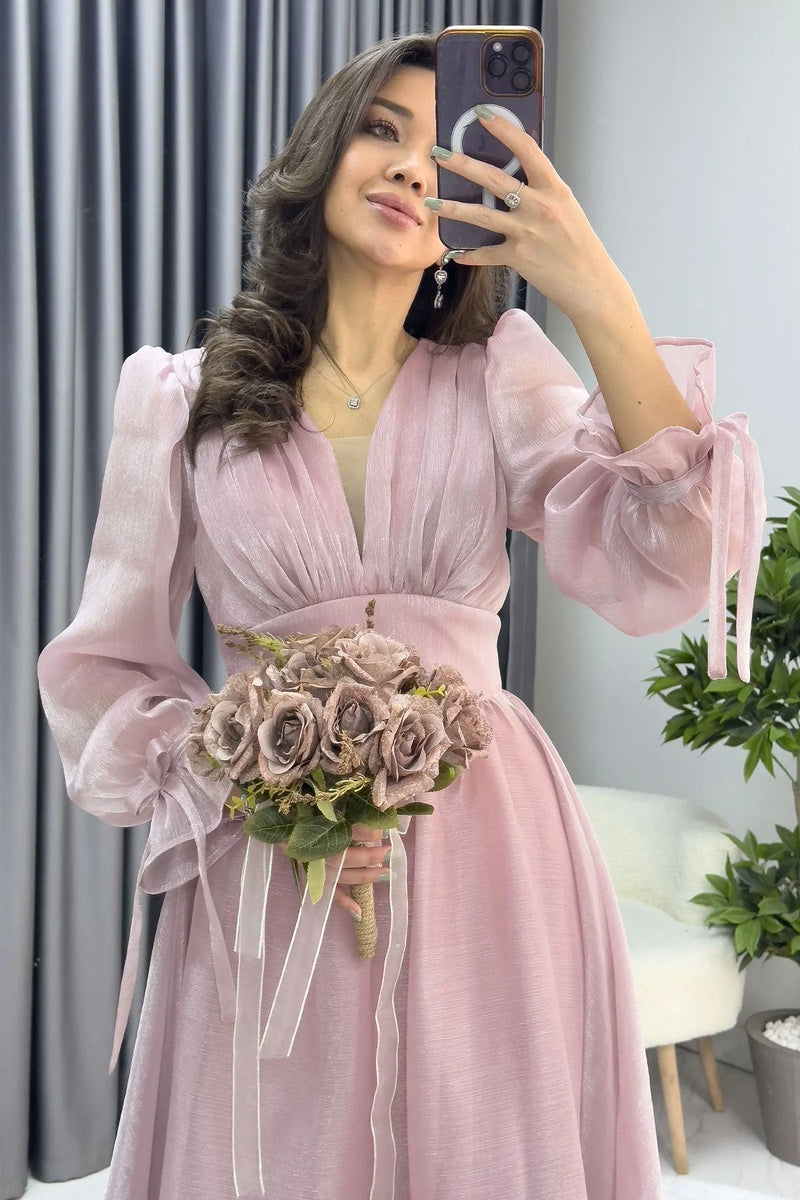 Asimetrik Etek Pudra Karpuz Kol Prenses V Yaka Abiye Elbise - the ZKS