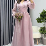 Asimetrik Etek Pudra  Karpuz Kol Prenses V Yaka Abiye Elbise