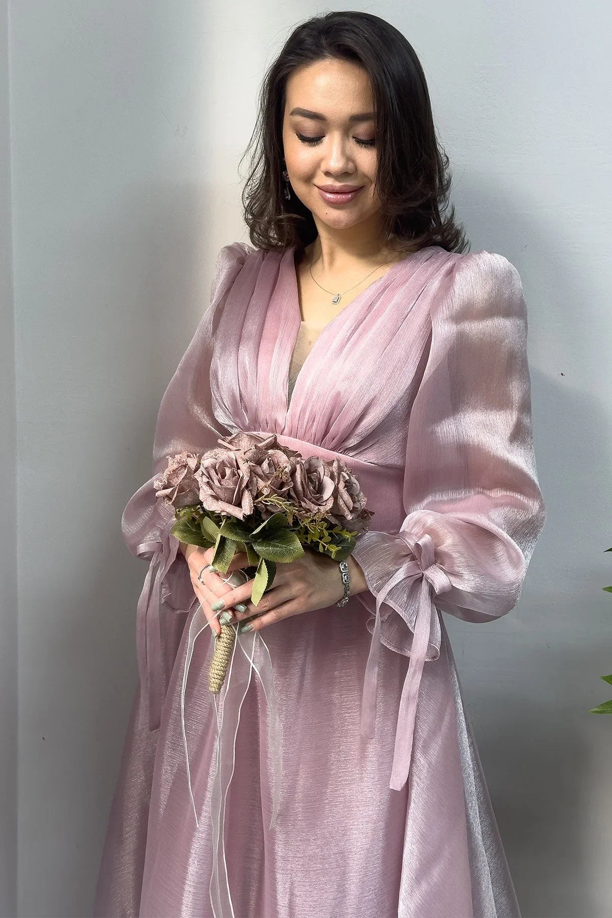 Asimetrik Etek Pudra Karpuz Kol Prenses V Yaka Abiye Elbise - the ZKS