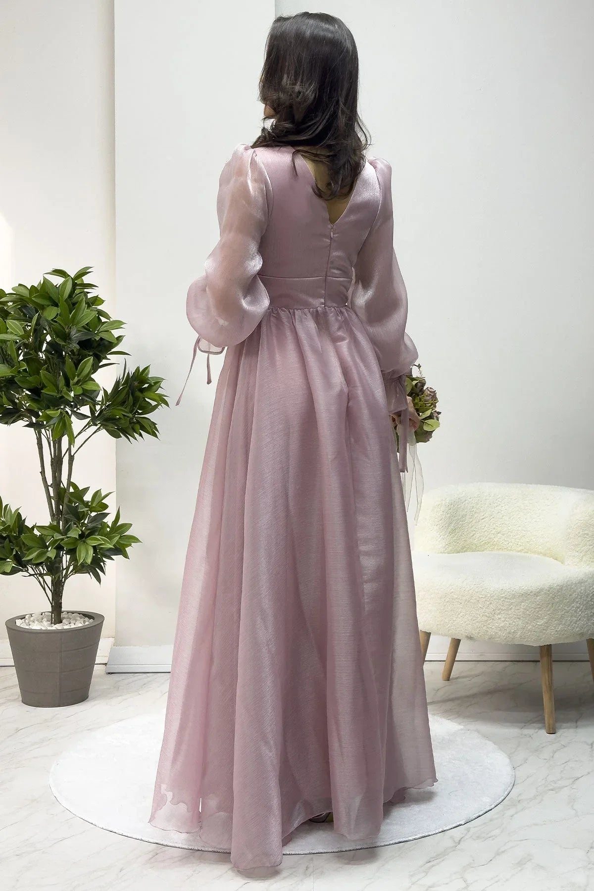 Asimetrik Etek Pudra Karpuz Kol Prenses V Yaka Abiye Elbise - the ZKS