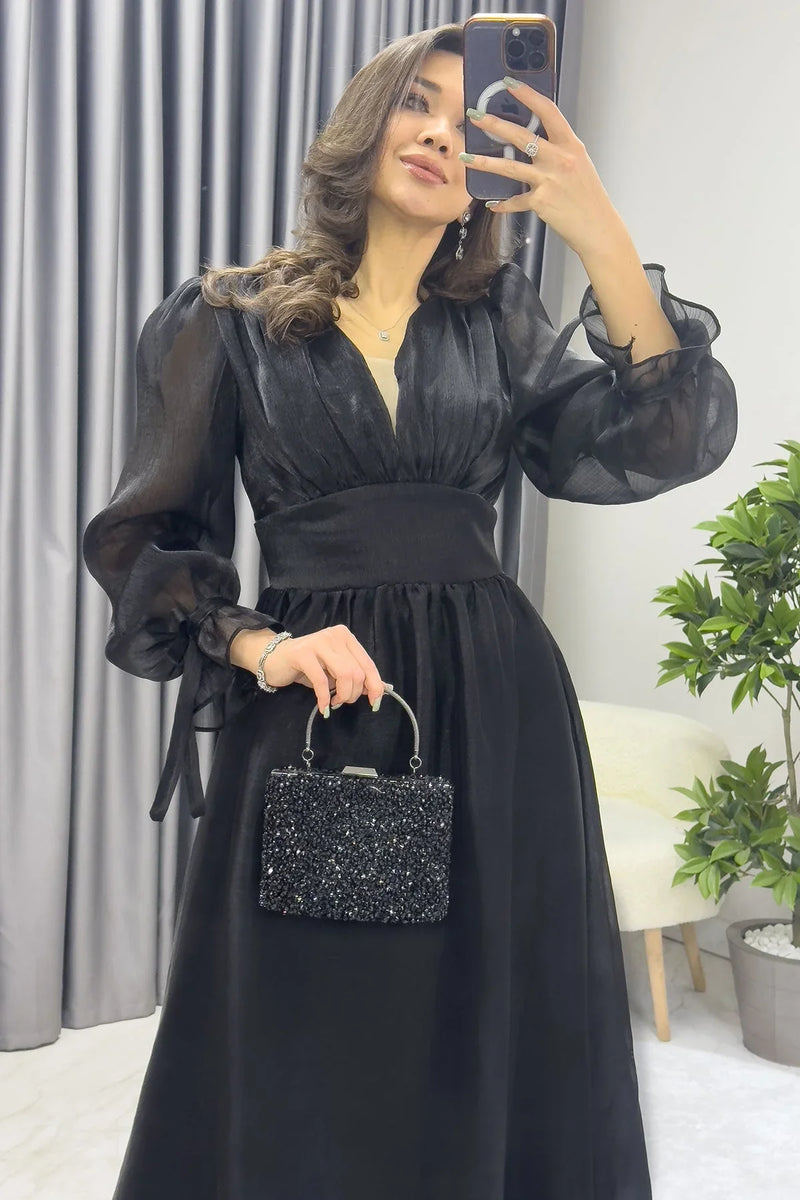 Asimetrik Etek Siyah Karpuz Kol Prenses V Yaka Abiye Elbise - the ZKS