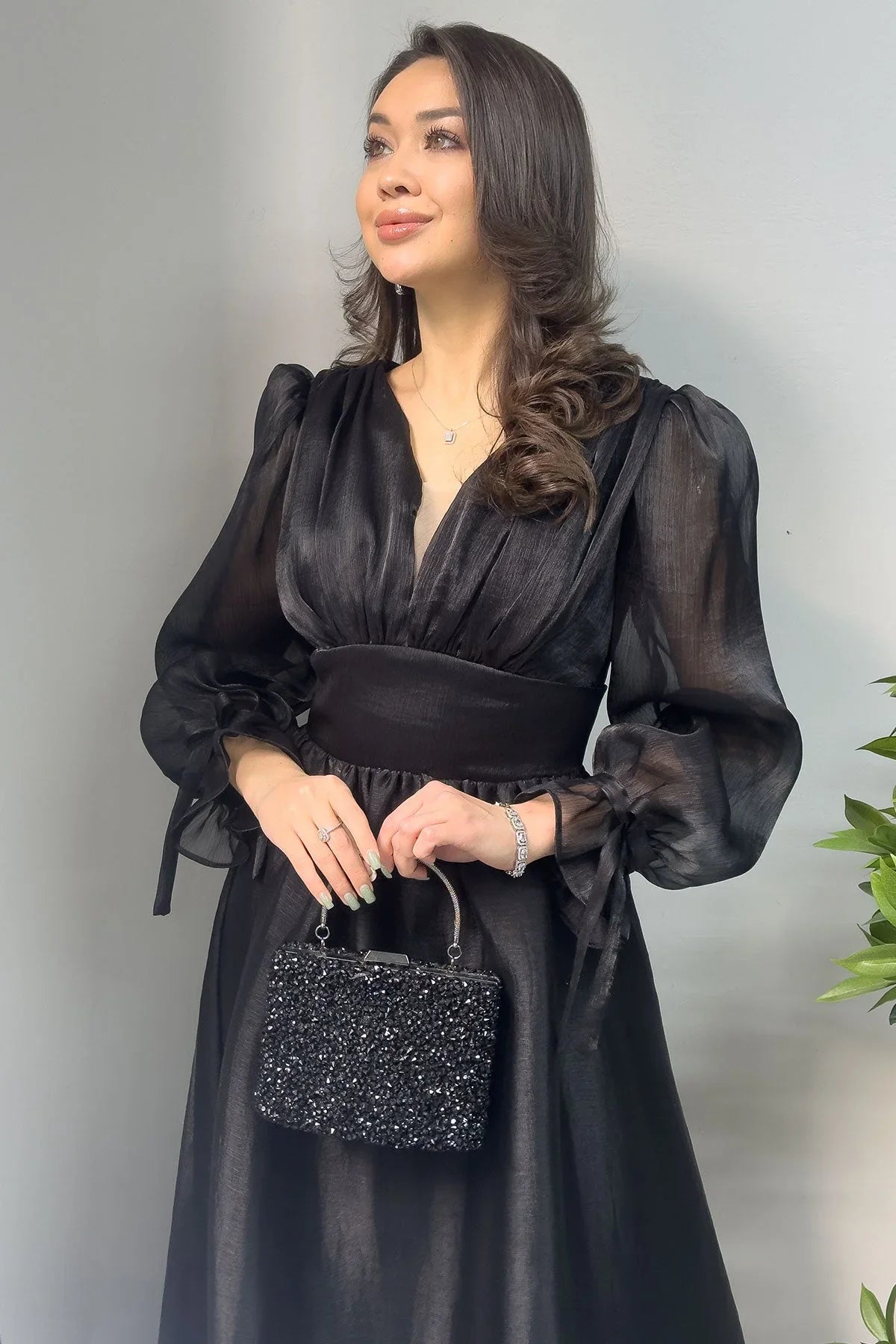 Asimetrik Etek Siyah Karpuz Kol Prenses V Yaka Abiye Elbise - the ZKS