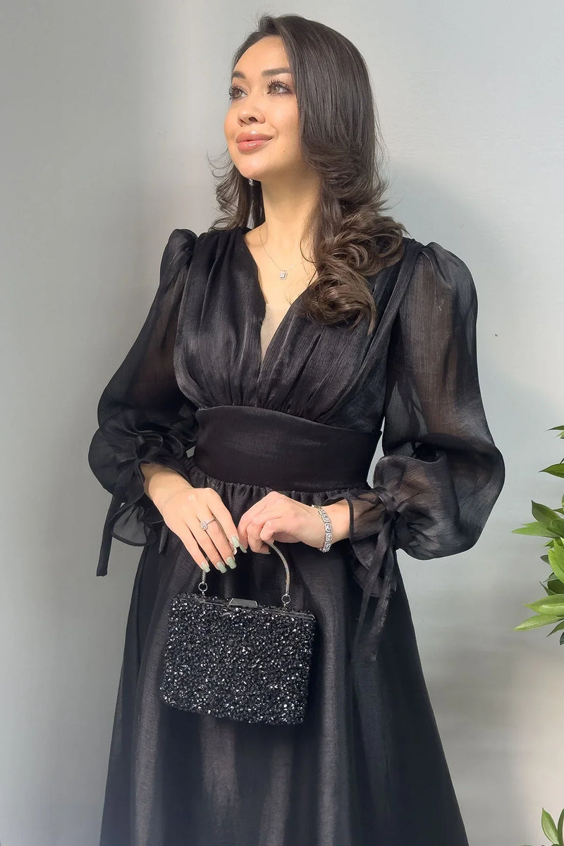 Asimetrik Etek Siyah Karpuz Kol Prenses V Yaka Abiye Elbise - the ZKS