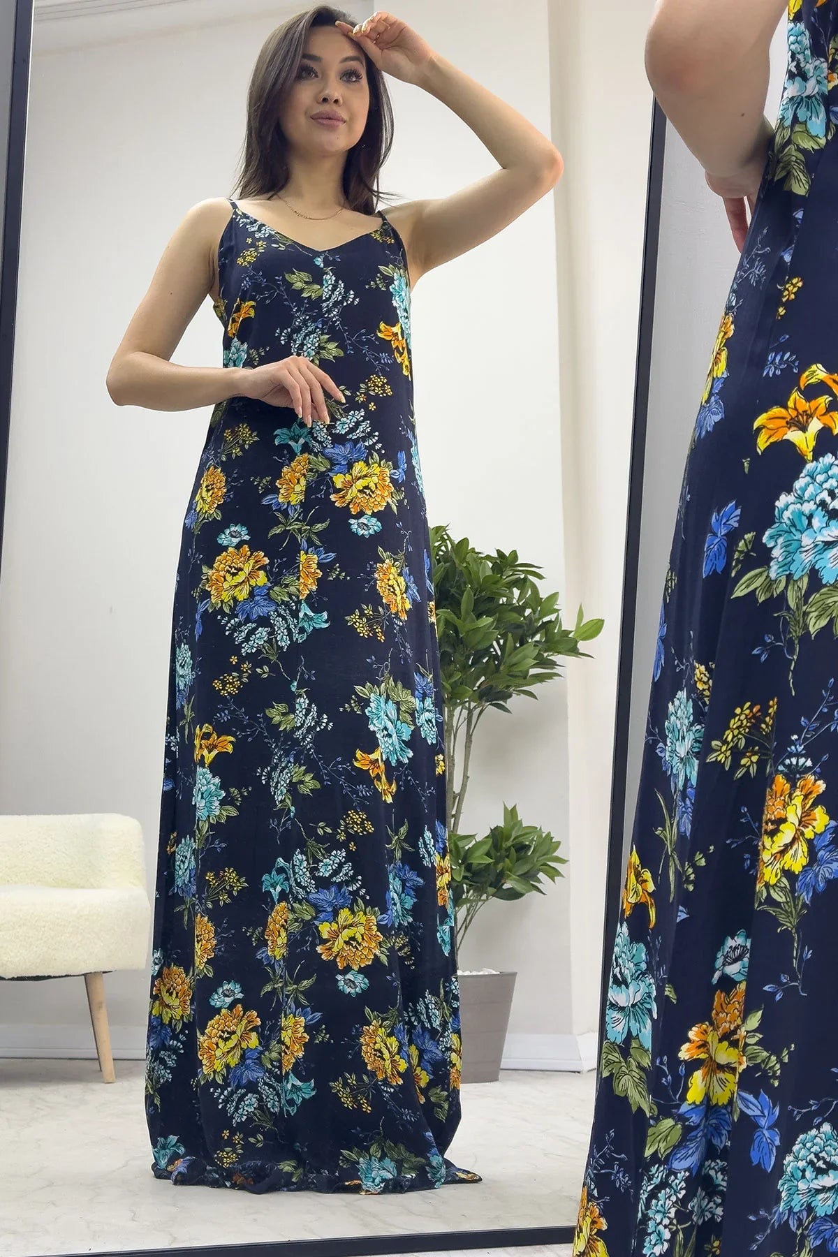 Askılı Mavi Çiçek Elbise