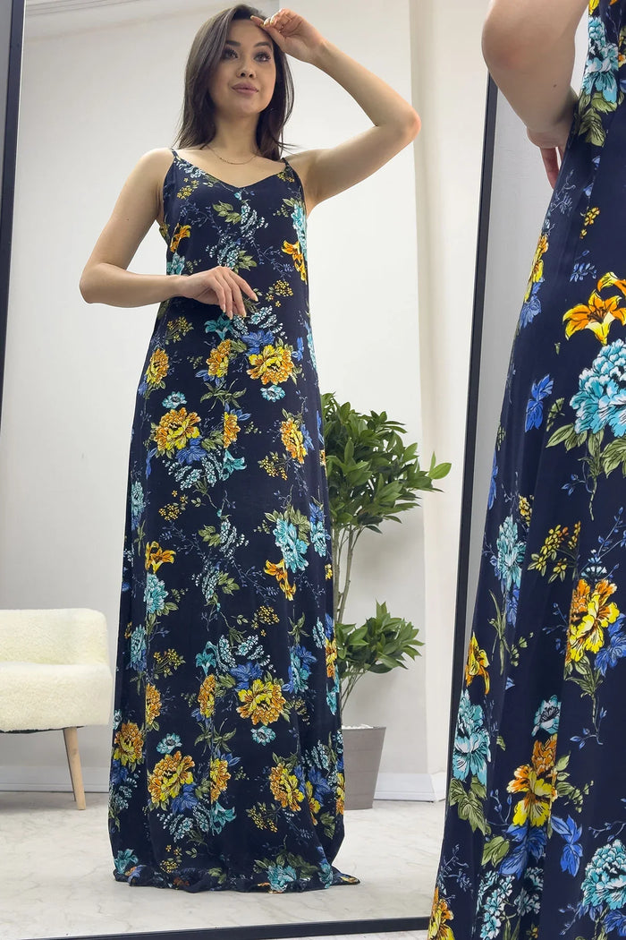 Askılı Mavi Çiçek Elbise