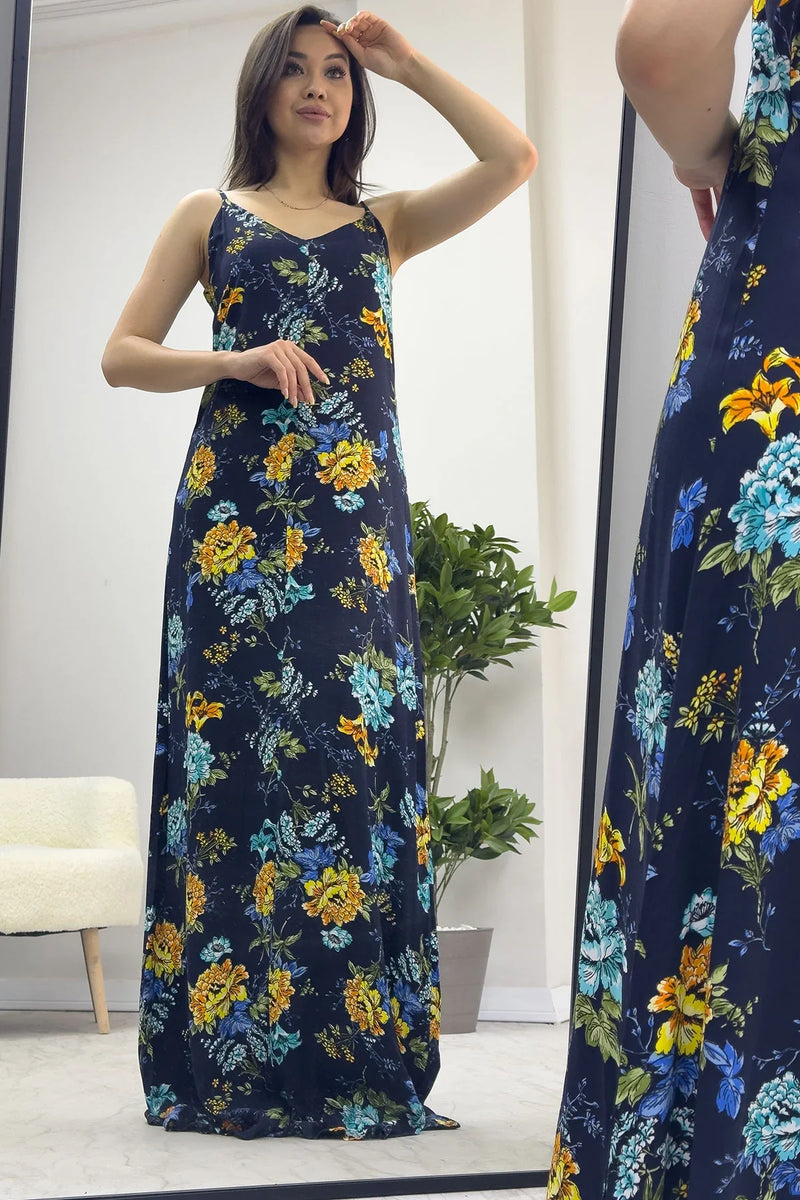 Askılı Mavi Çiçek Elbise
