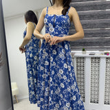 Askılı Mavi Çiçek Elbise