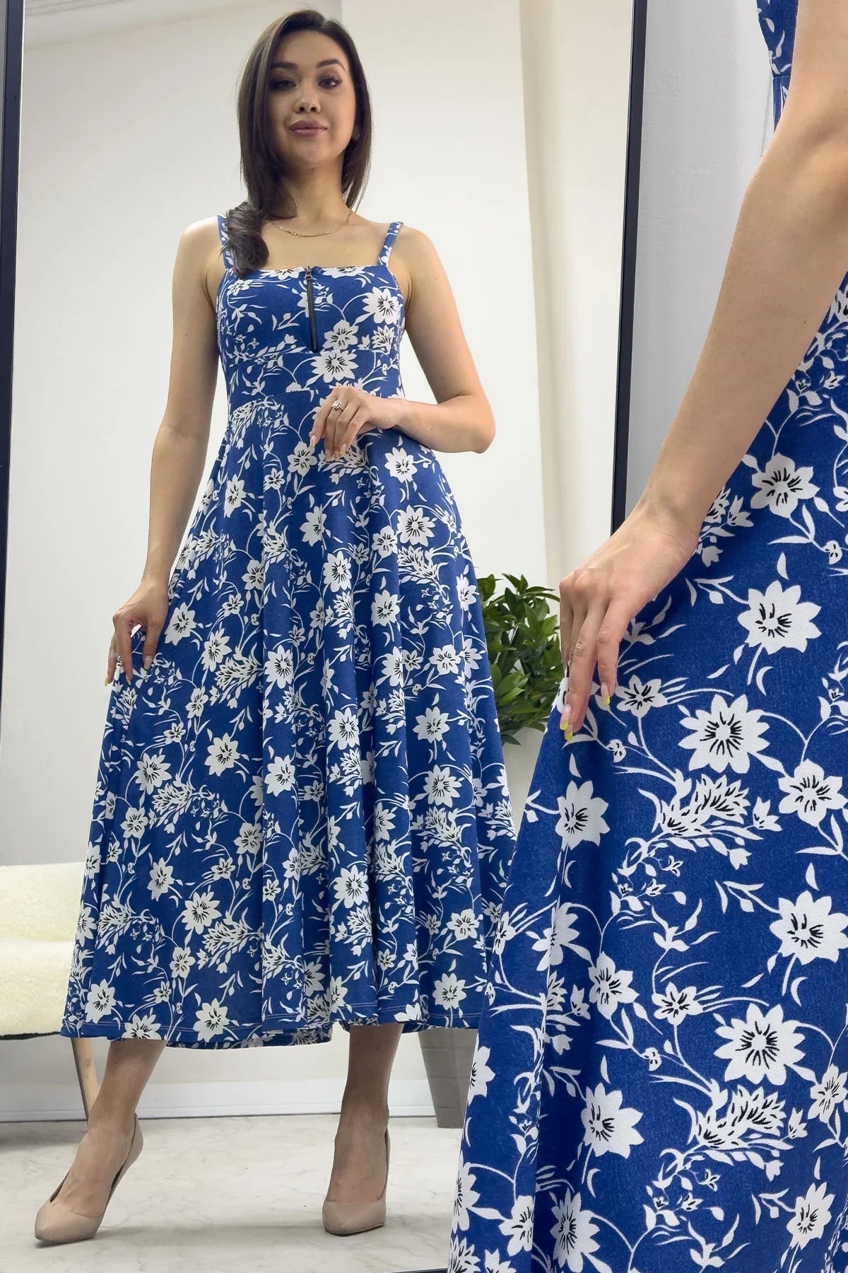 Askılı Mavi Çiçek Elbise