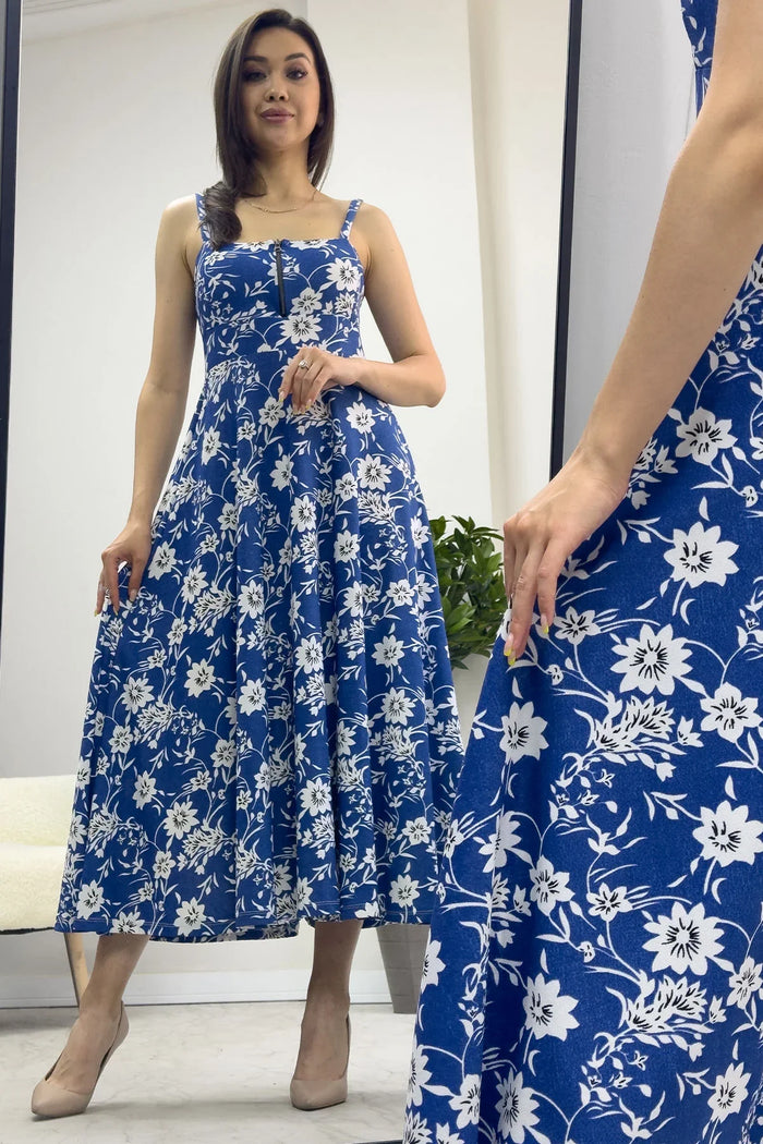 Askılı Mavi Çiçek Elbise